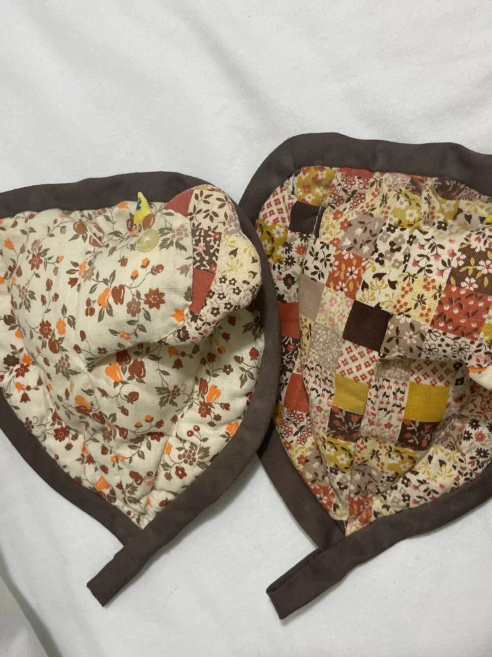Vintage Handmade Quilted Chicken Pot Holders Set of 2 Brown Floral Patchwork
